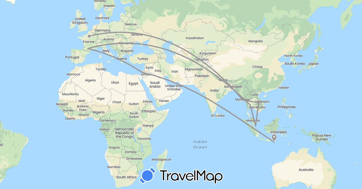 TravelMap itinerary: plane in France, Indonesia, Israel, Laos, Myanmar (Burma), Nepal, Singapore, Thailand (Asia, Europe)